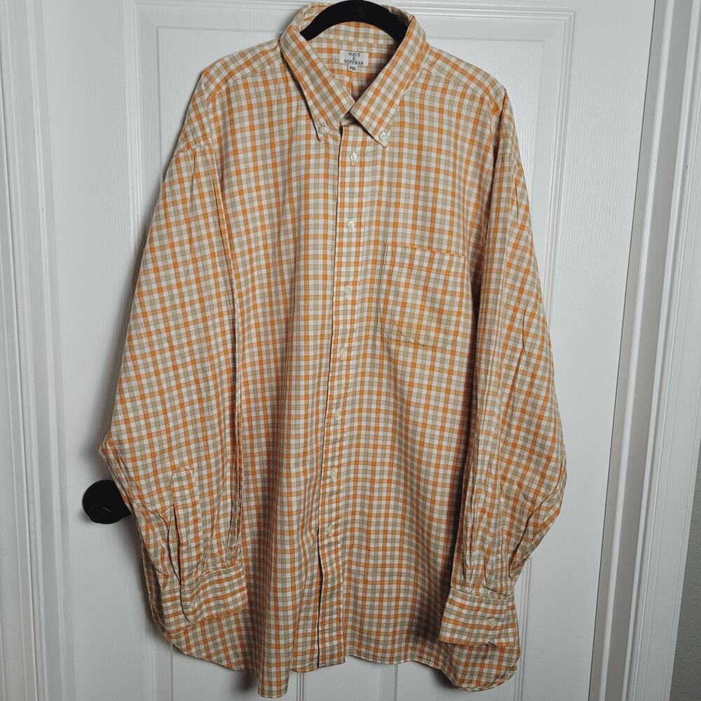 Maus & Hoffman Shirt Mens 2XL Orange Tan Plaid Button Down Long Sleeve Pocket
